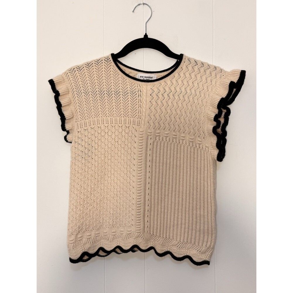 Cute Crochet Knit Sweater Vest ee:some Los Angeles Cream Ruffle Hem  - Size L